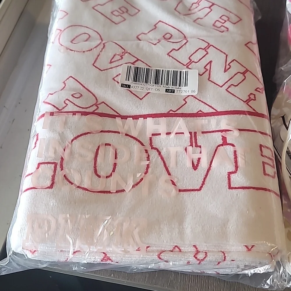 Victoria's Secret White & Red PINK Logo Terry Beach Towel